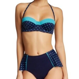 Spanx Retro Polka Dot Bikini 12 Navy Teal Flirty Balconette Top Skirt Bottom